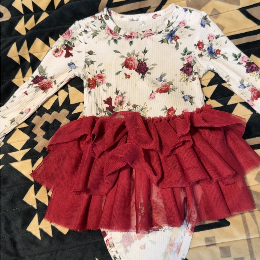 Floral Long Sleeve Kids Top with Red Ruffle Skirt